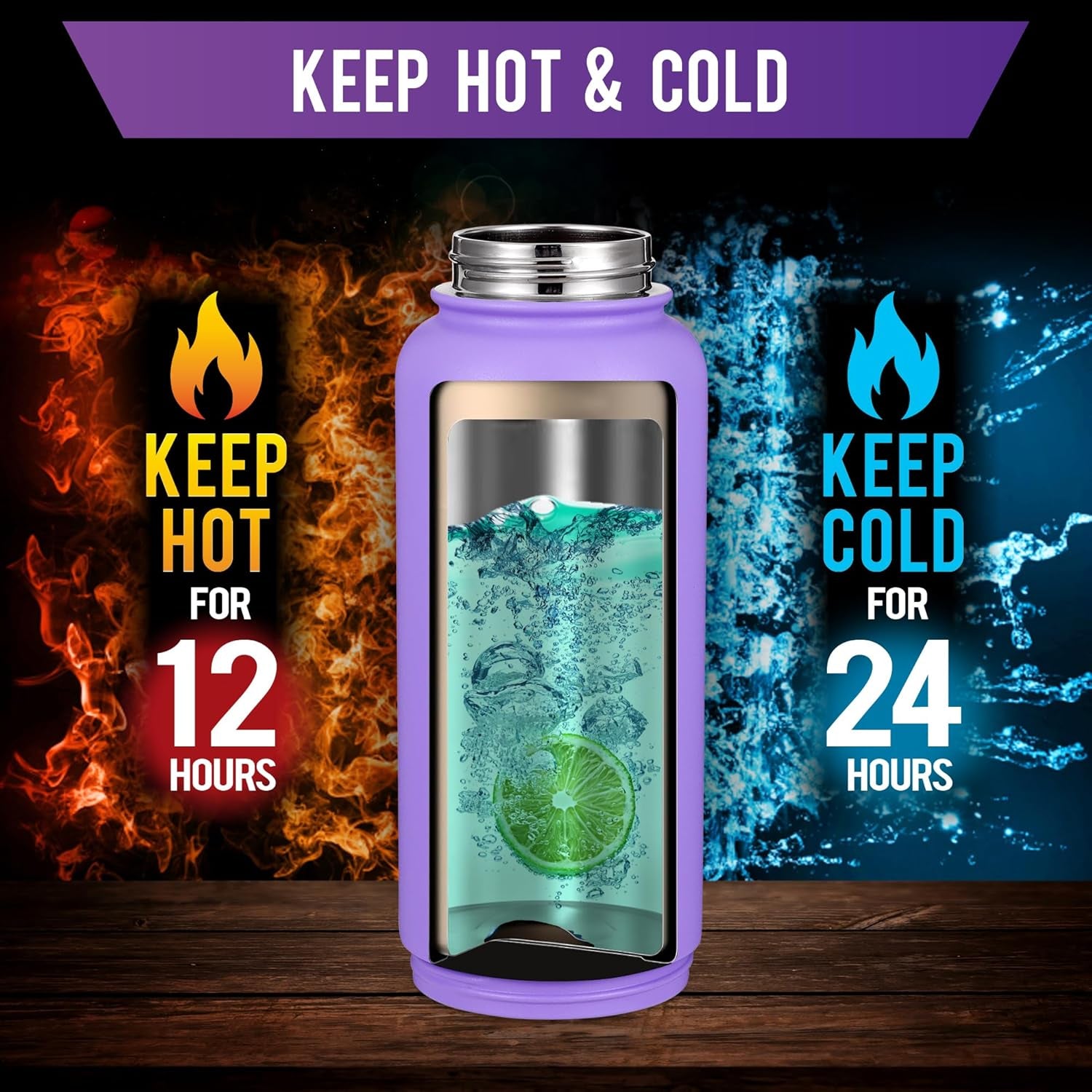 Insulated Sports Water Bottle -  32 Oz Water Bottle with Discrete Storage Compartment, 2 Lids, Straw, Hot & Cold Double-Walled Vacuum Insulated Stainless Steel Gym & Thermos Bottle (Lavender)