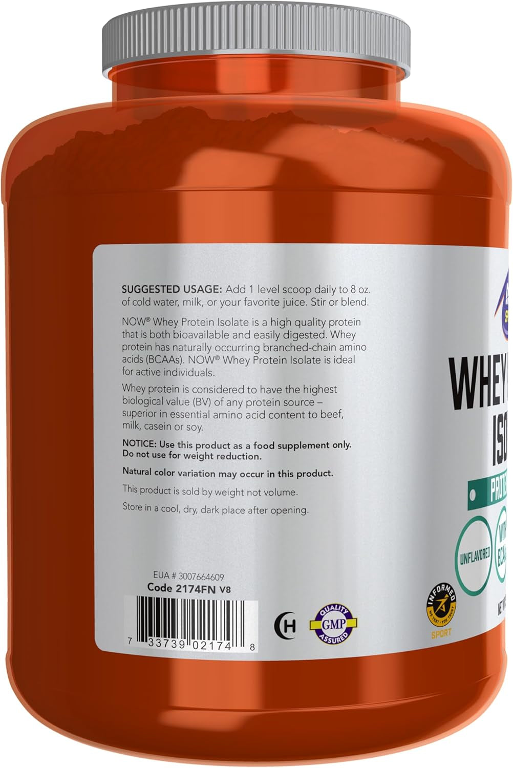 Sports Nutrition, Whey Protein Isolate, 25 G with Bcaas, Unflavored Powder, 5-Pound