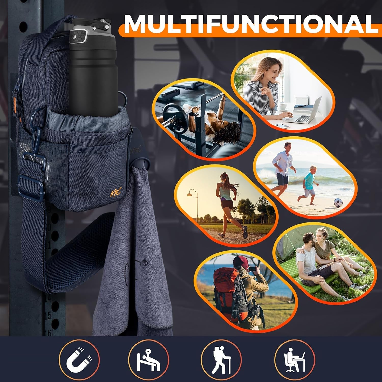 ยฎ PREMIUM Magnetic Gym Bag โ Gym Pouch with Water Bottle Holder, Cup & Wallet Pocket, Phone Storage, Key Clip, Adjustable Sling Strap โ Ideal for Sports, Work & Travel