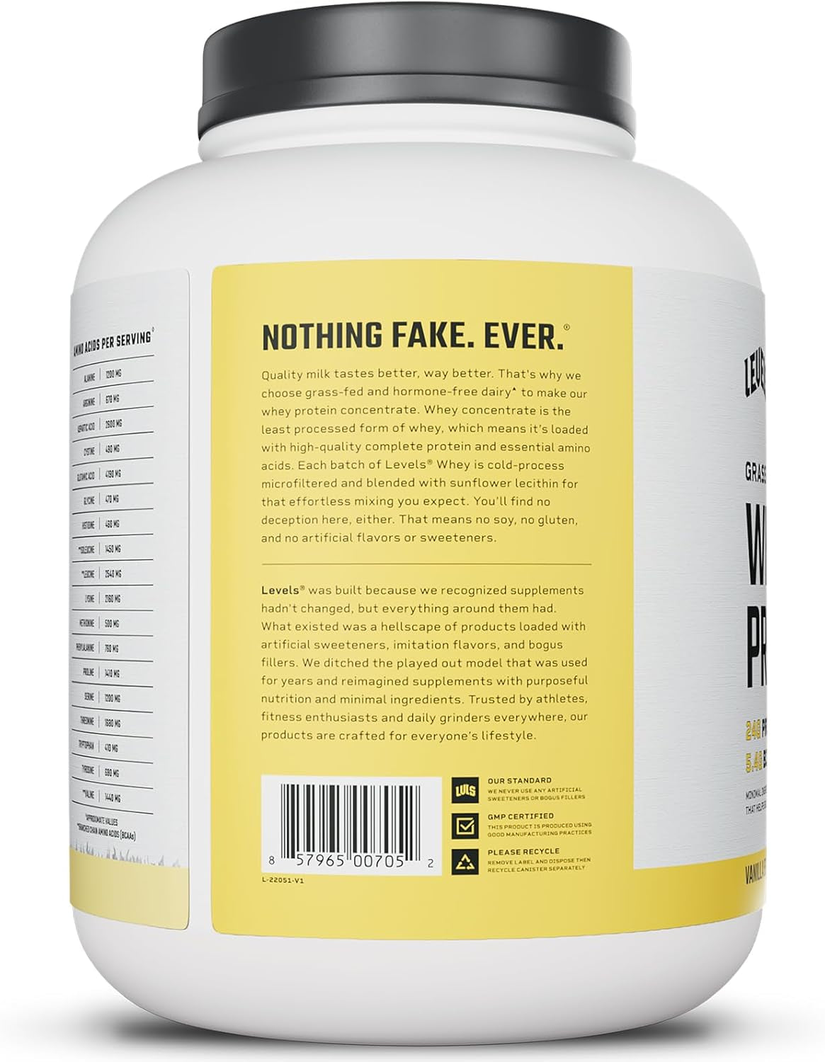 Levels Grass Fed Whey Protein Powder, No Artificials, 24G of Protein, Vanilla Bean, 5LB