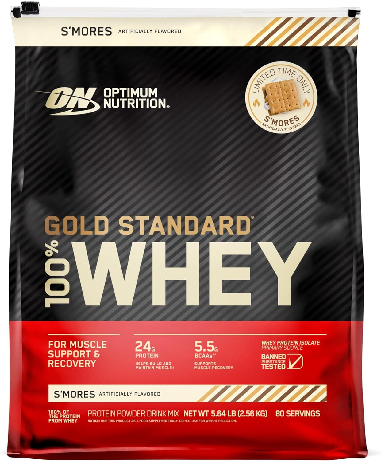 100% Gold Standard Whey Protein Powder - Protein Powder with a Blend of Hydrolyzed, Isolate & Whey - for Muscle Recovery - S'Mores, 5.64 Lb (80 Servings)