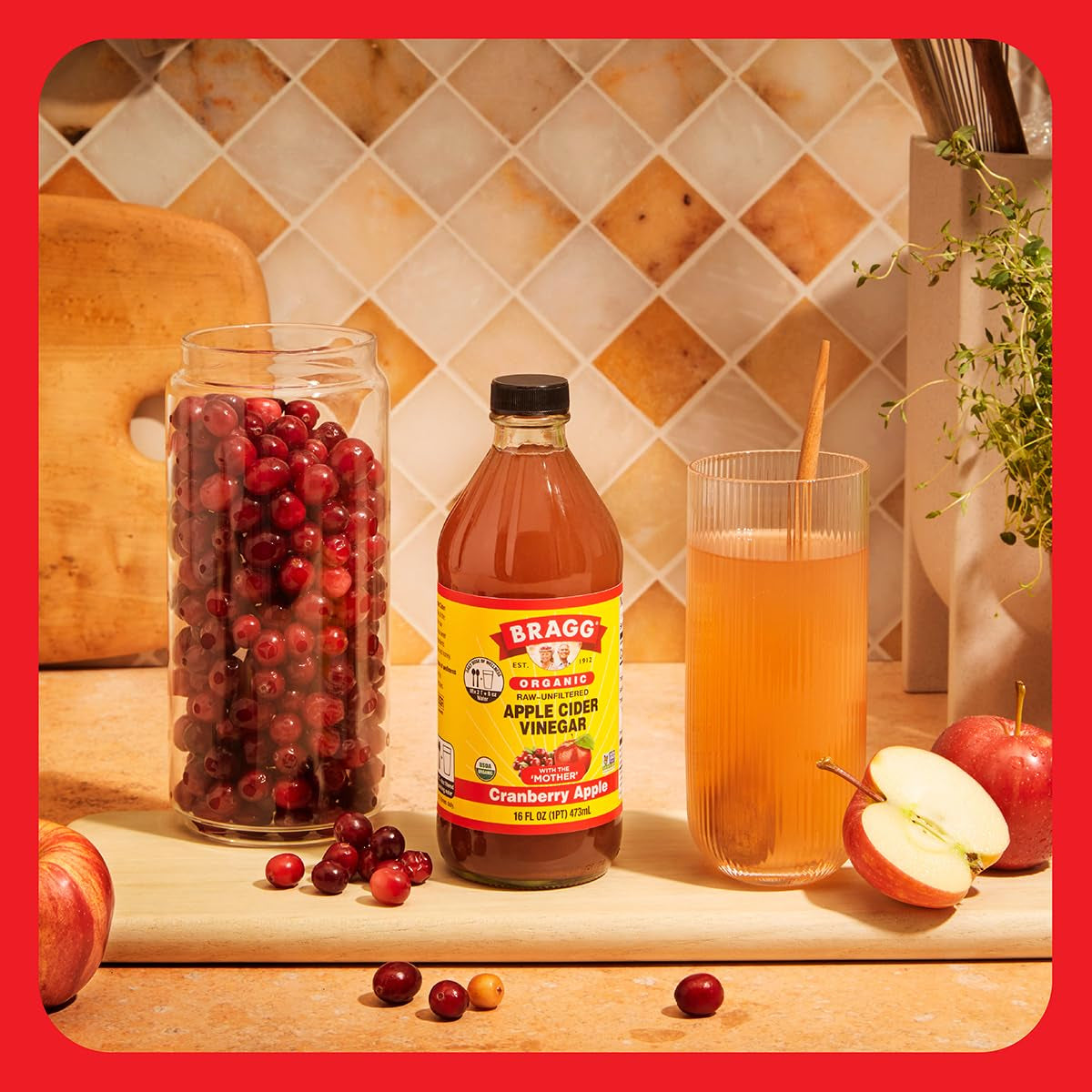Organic Apple Cider Vinegar Cranberry Apple Blend with the Mother - 16 Fl Oz - Raw and Unfiltered