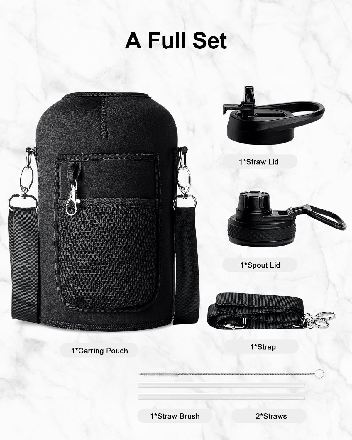 Half Gallon Water Bottle Insulated with Handle, 64 Oz Double Wall Stainless Steel Metal Large Jug, Travel Flask with Straw Spout Lid, Mug Tumbler Cup with Carry Pouch, Keep Cold Hot, Orange