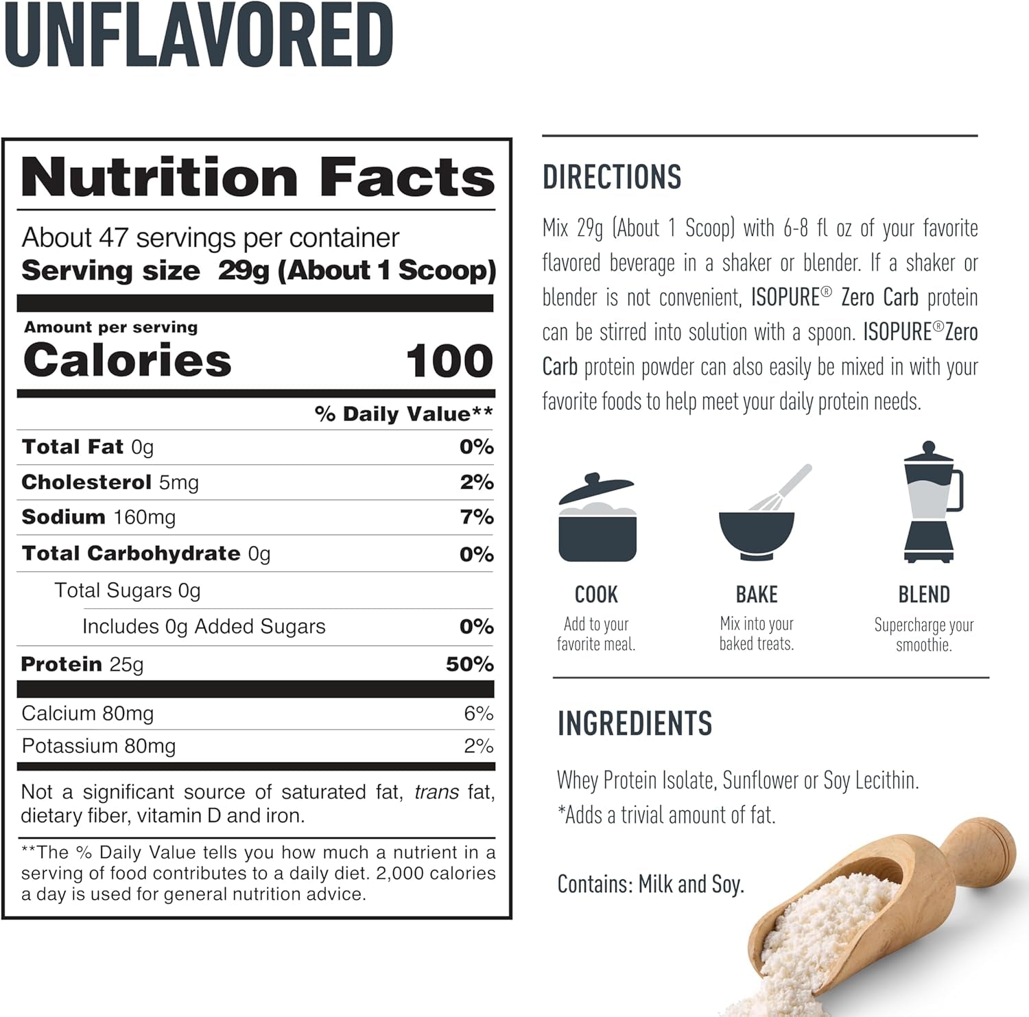 Protein Powder, Whey Protein Isolate Powder, 25G Protein, Zero Carb & Keto Friendly, No Added Colors/Flavors/Sweeteners, Flavor: Unflavored 3 Pound (Packaging May Vary)