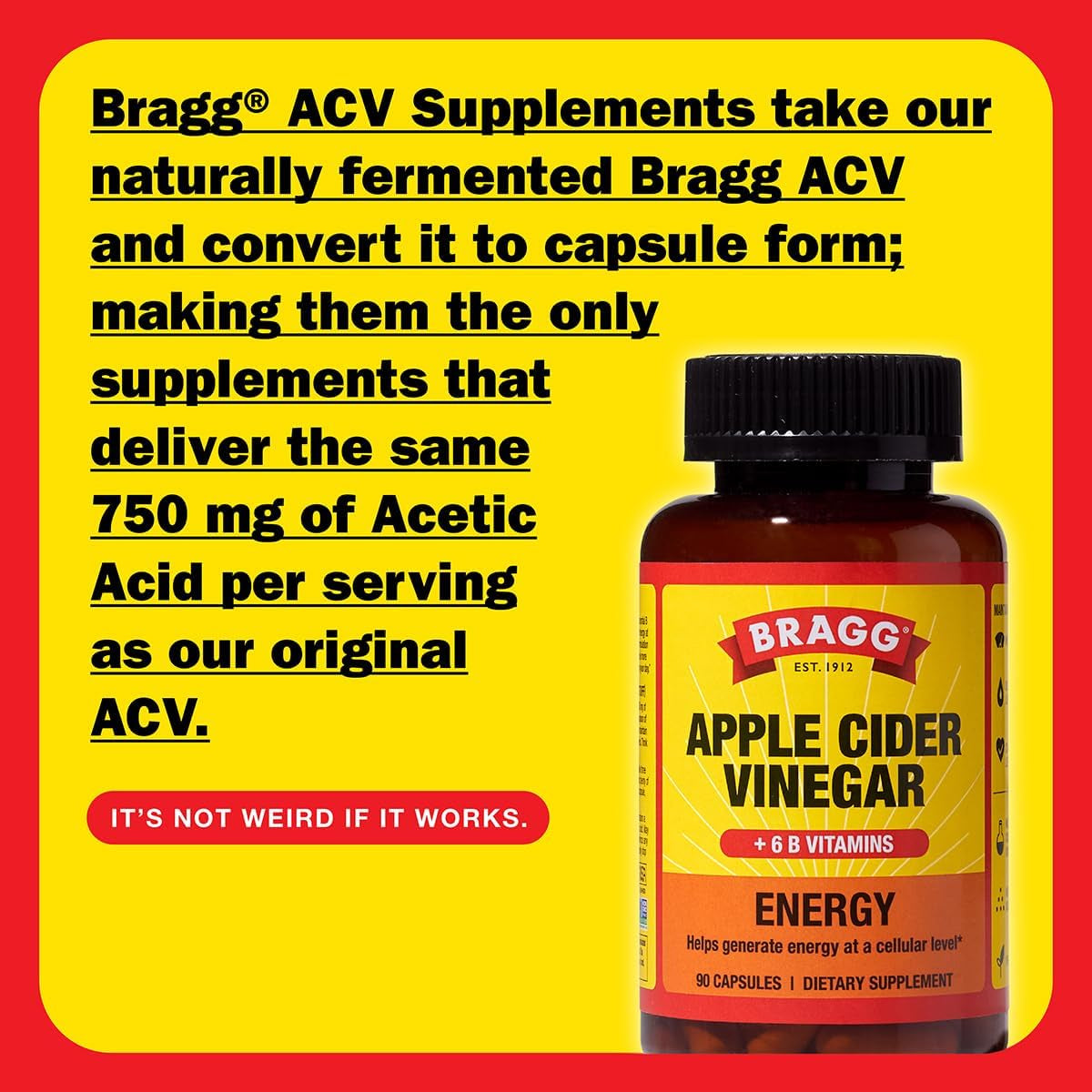 Energy Apple Cider Vinegar Capsules with B-12 Vitamins - 90 Capsules - Weight Management - Non-Gmo, Vegan, Gluten Free, No Sugar - Helps Generate Energy at Cellular Level for Men and Women