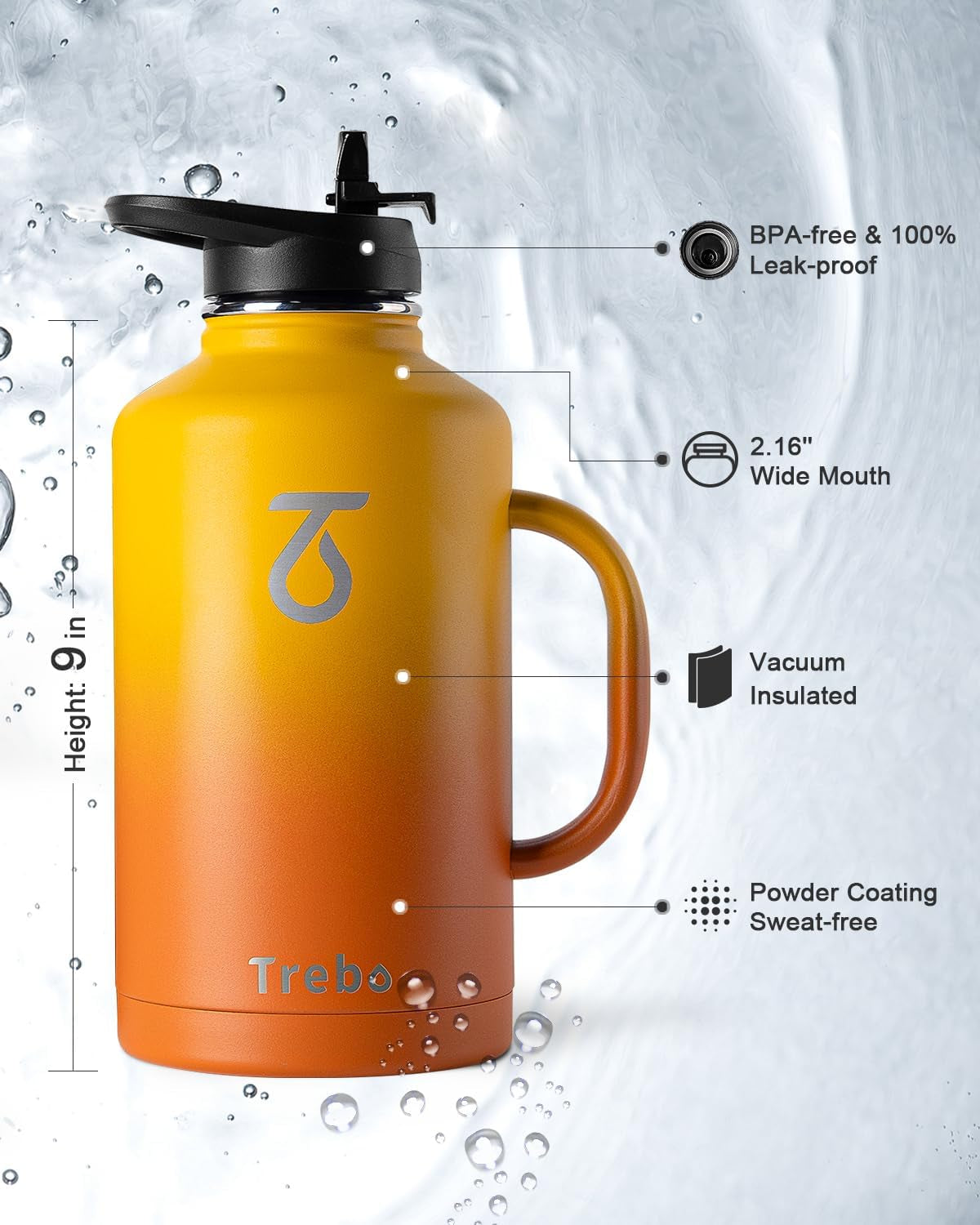 Half Gallon Water Bottle Insulated with Handle, 64 Oz Double Wall Stainless Steel Metal Large Jug, Travel Flask with Straw Spout Lid, Mug Tumbler Cup with Carry Pouch, Keep Cold Hot, Orange