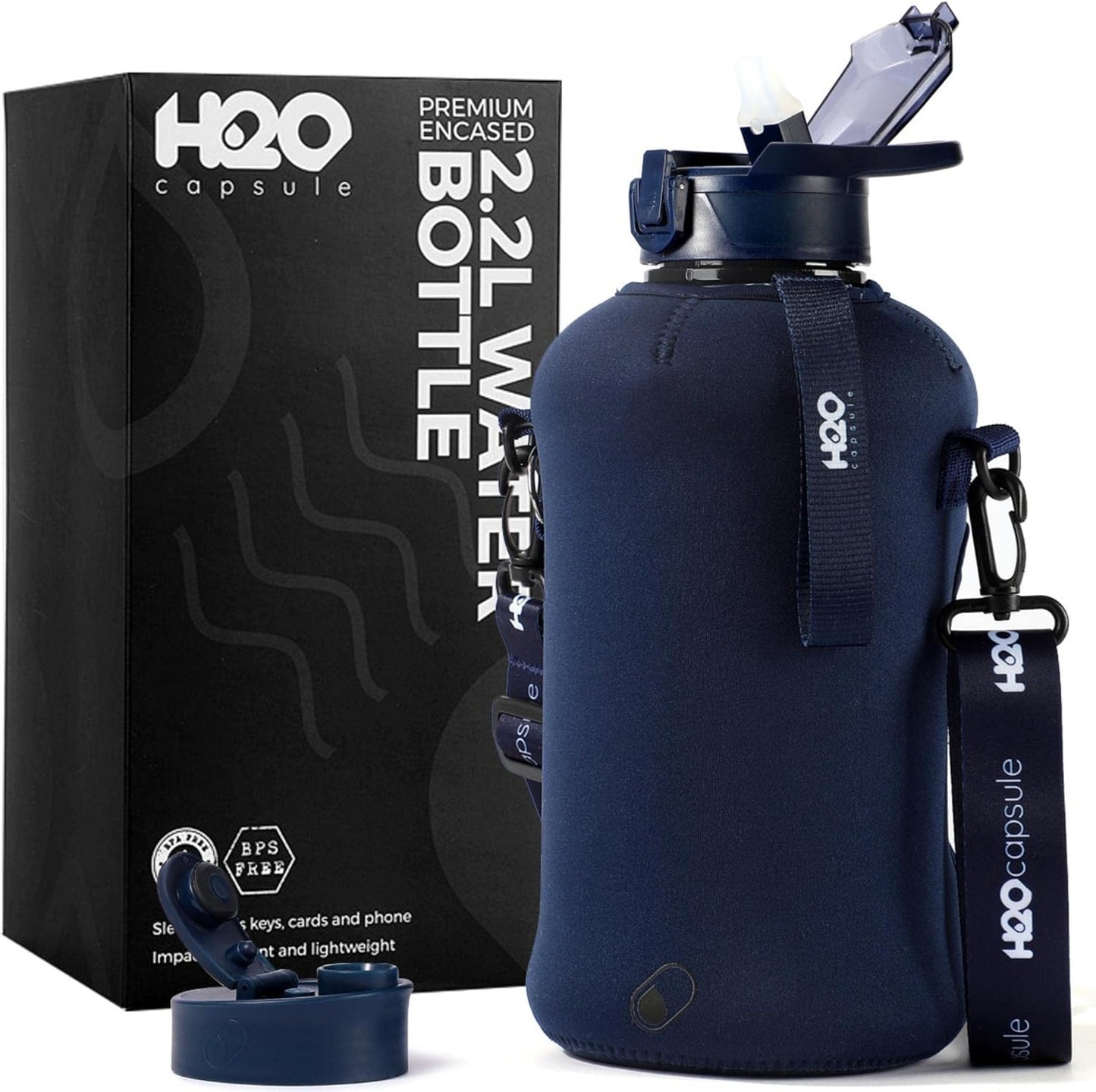 2.2L Half Gallon Water Bottle with Storage Sleeve and Covered Straw Lid – BPA Free Large Reusable Drink Container with Handle - Big Sports Jug, 2.2 Liter (74 Ounce)