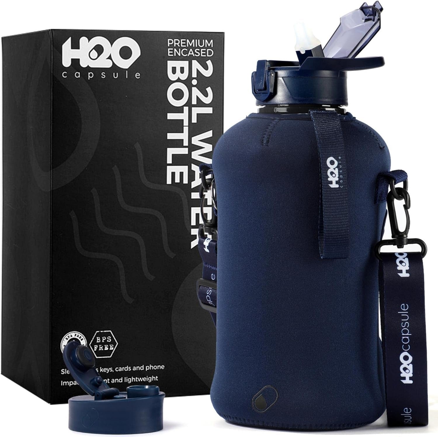 2.2L Half Gallon Water Bottle with Storage Sleeve and Covered Straw Lid – BPA Free Large Reusable Drink Container with Handle - Big Sports Jug, 2.2 Liter (74 Ounce)