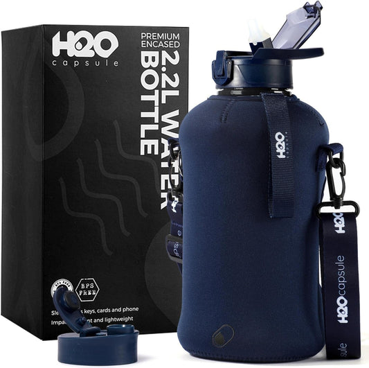 2.2L Half Gallon Water Bottle with Storage Sleeve and Covered Straw Lid – BPA Free Large Reusable Drink Container with Handle - Big Sports Jug, 2.2 Liter (74 Ounce)