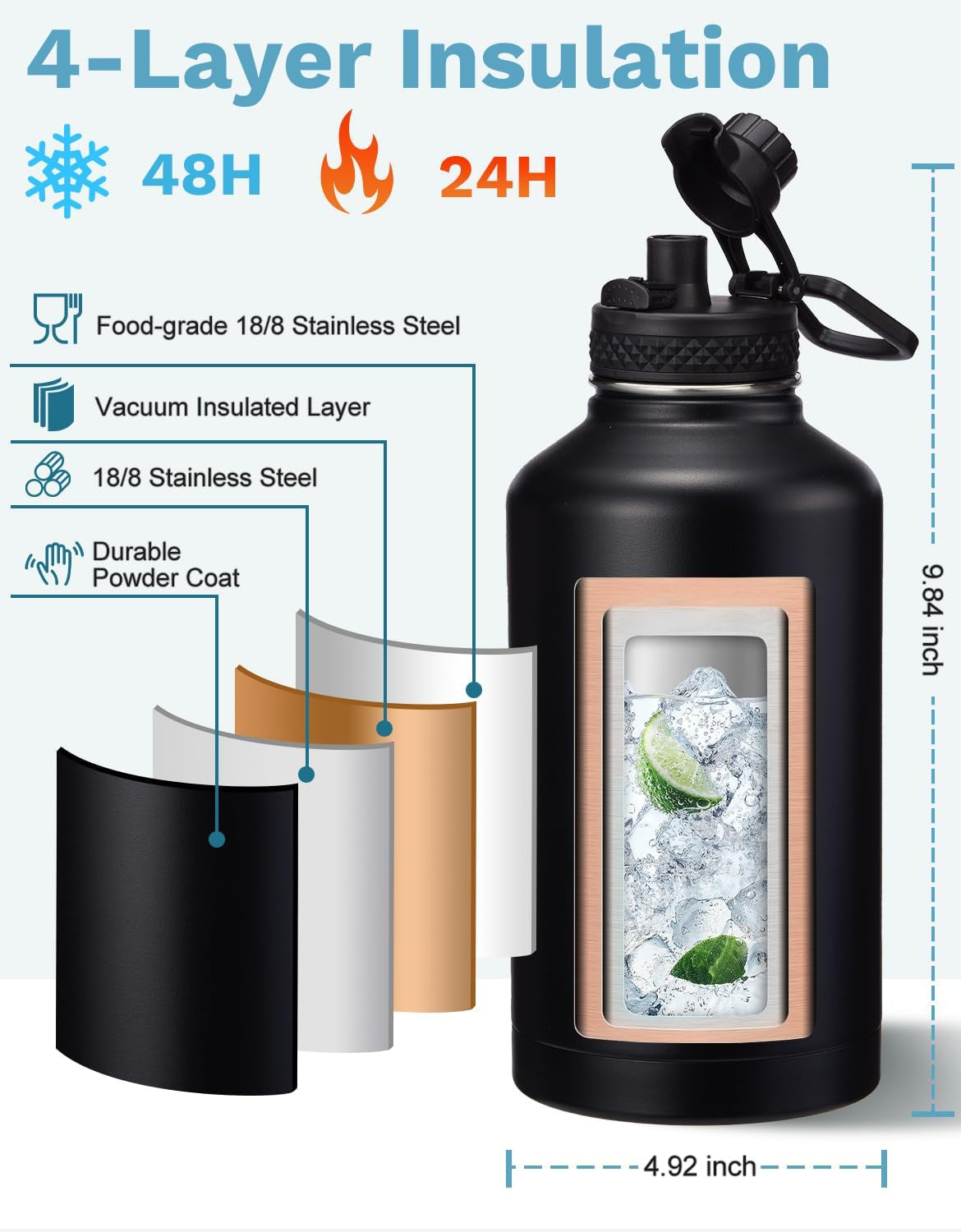 Half Gallon Water Bottle with Straw - Chug Lid, Paracord Handle, Silicone Boot, Keep Ice Cold-48H & Hot-24H, Vacuum Insulated Water Jug with Carrier Bag, 64 Oz Metal Insulated Water Bottle for Man
