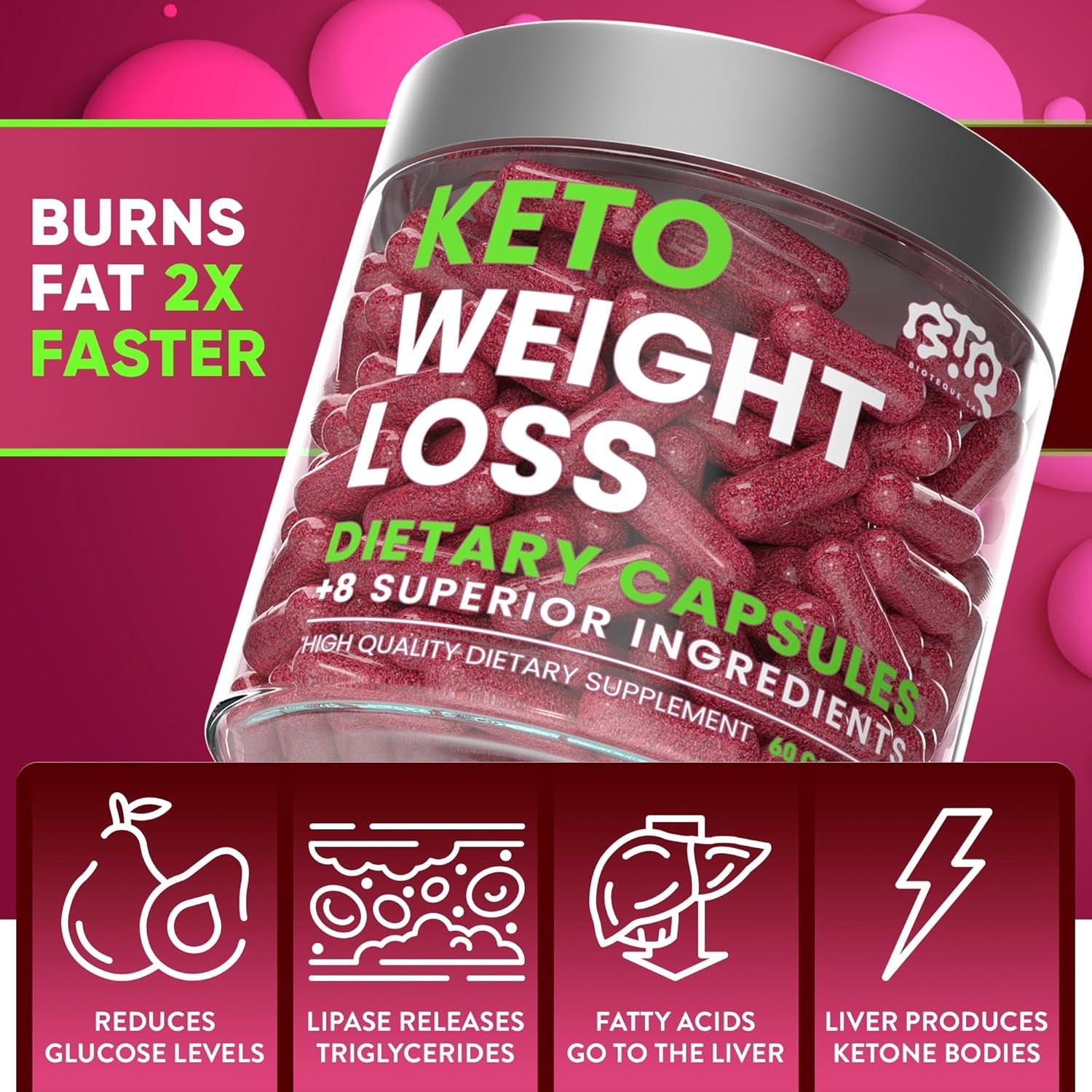 Keto Weight Loss Diet Pills, Natural Appetite Suppressant, Fat Burner for Women and Men with Apple Cider, Green Coffee Bean Extract, Curb Cravings & Hunger, Metabolism Booster Supplement - 60 Capsules