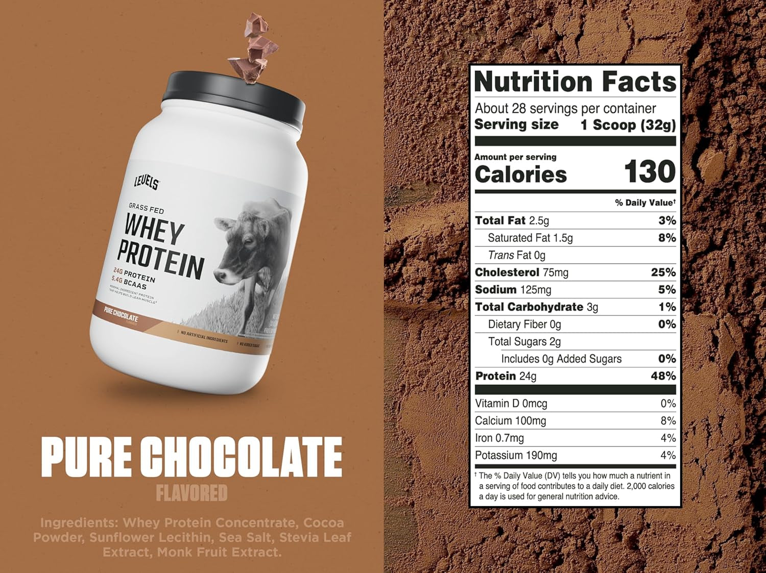 Levels Grass Fed Whey Protein Powder, No Artificials, 24G of Protein, Pure Chocolate, 2LB