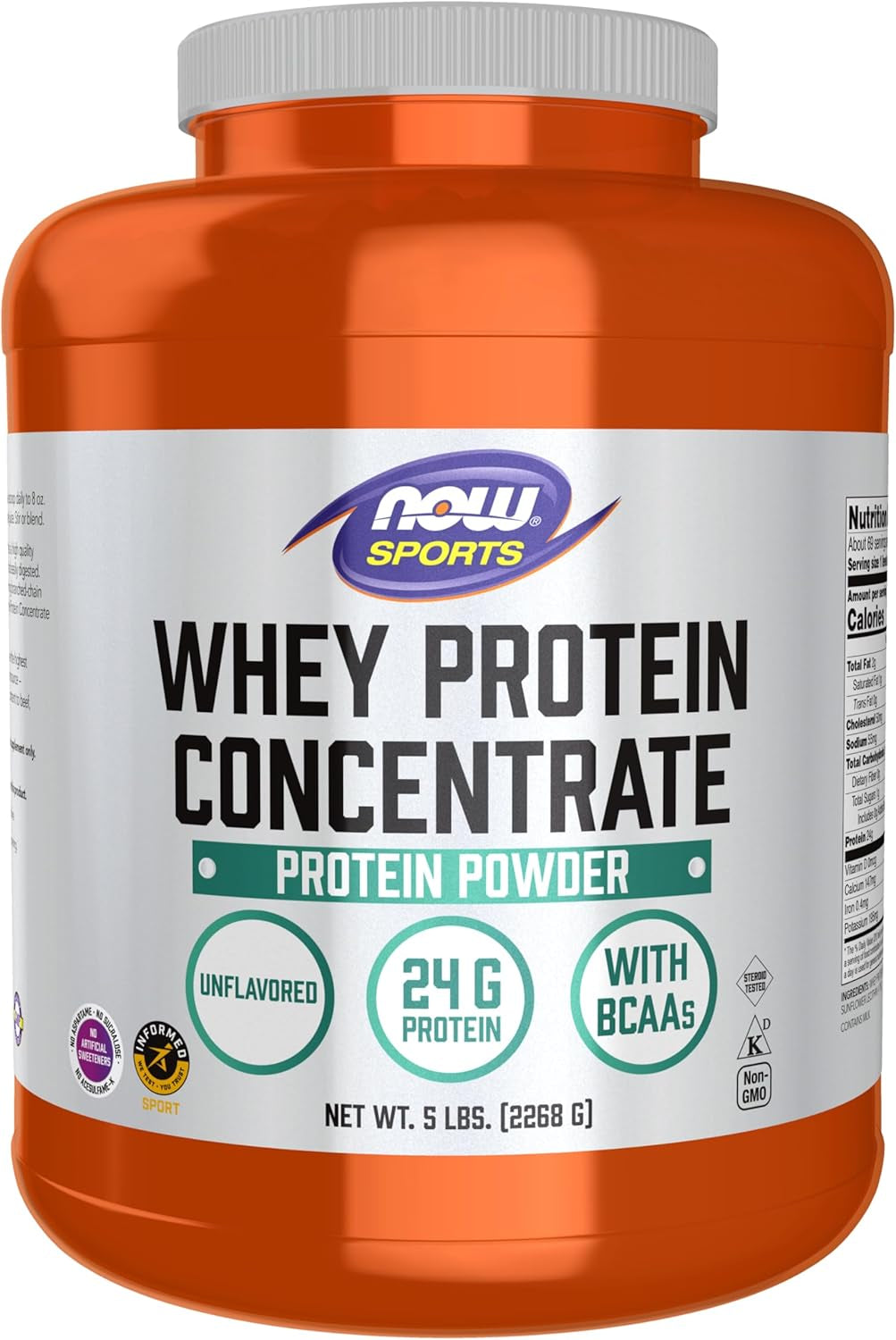 Sports Nutrition, Whey Protein Concentrate, 24 G with Bcaas, Unflavored Powder, 5-Pound