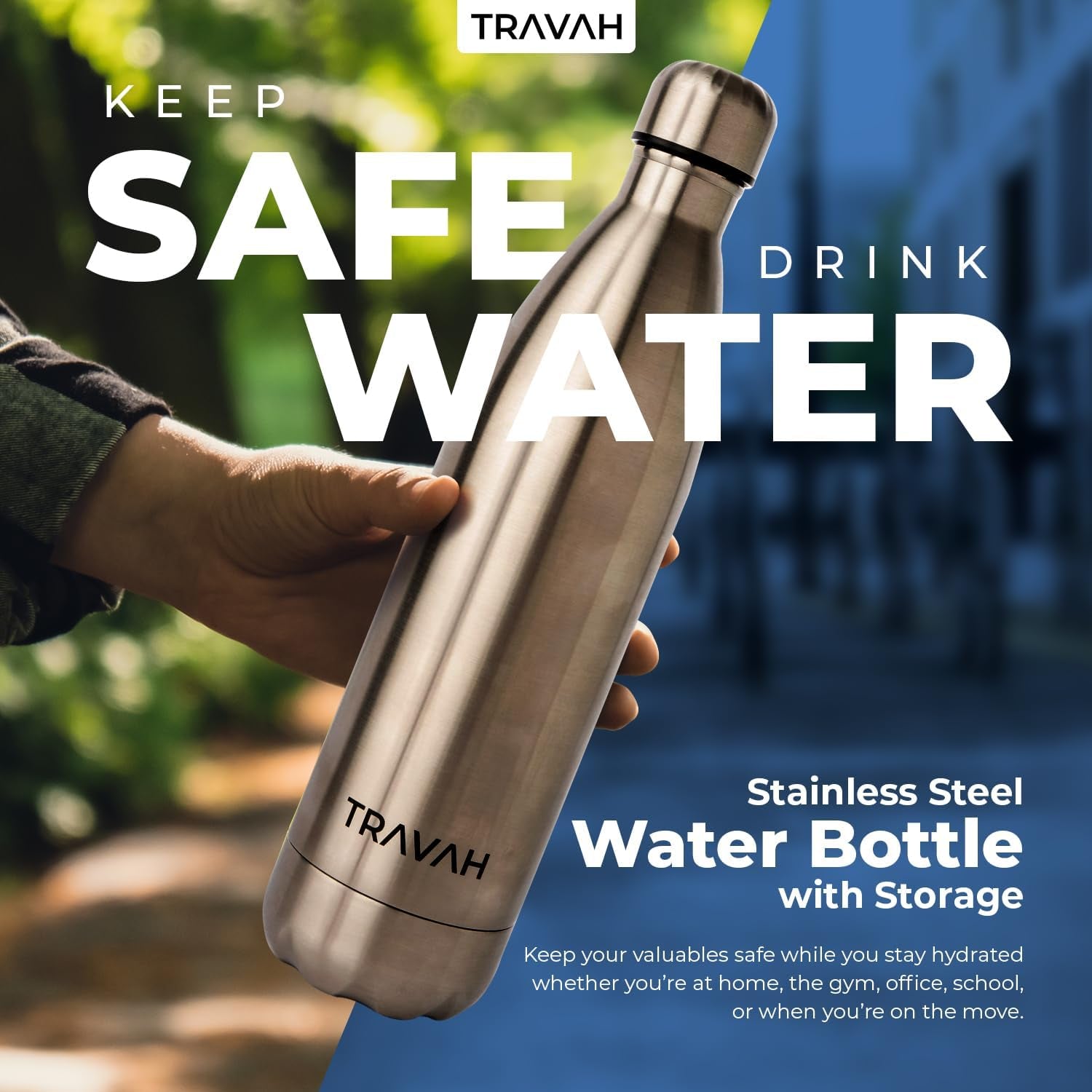 Diversion Water Bottle Safe for Travel and Home - Leak Proof Stainless Steel Tumbler with Hidden Storage - 17Oz (Silver)