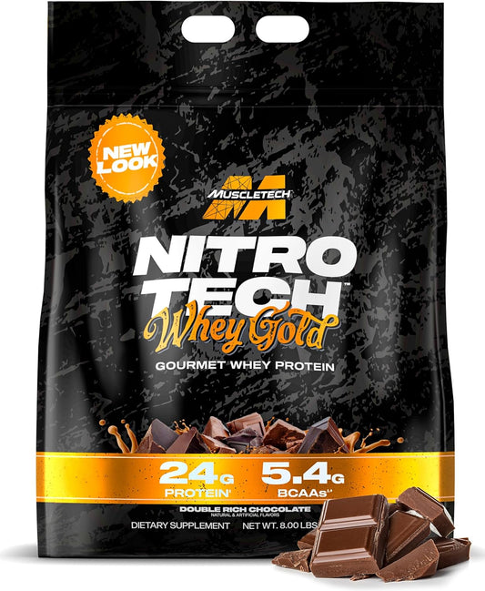 Whey Protein Powder (Double Rich Chocolate, 8LB) - Nitro-Tech Whey Protein Isolate Smoothie Mix for Lean Muscle & Recovery - 24G of Whey Gold Protein for Women & Men - Packaging May Vary