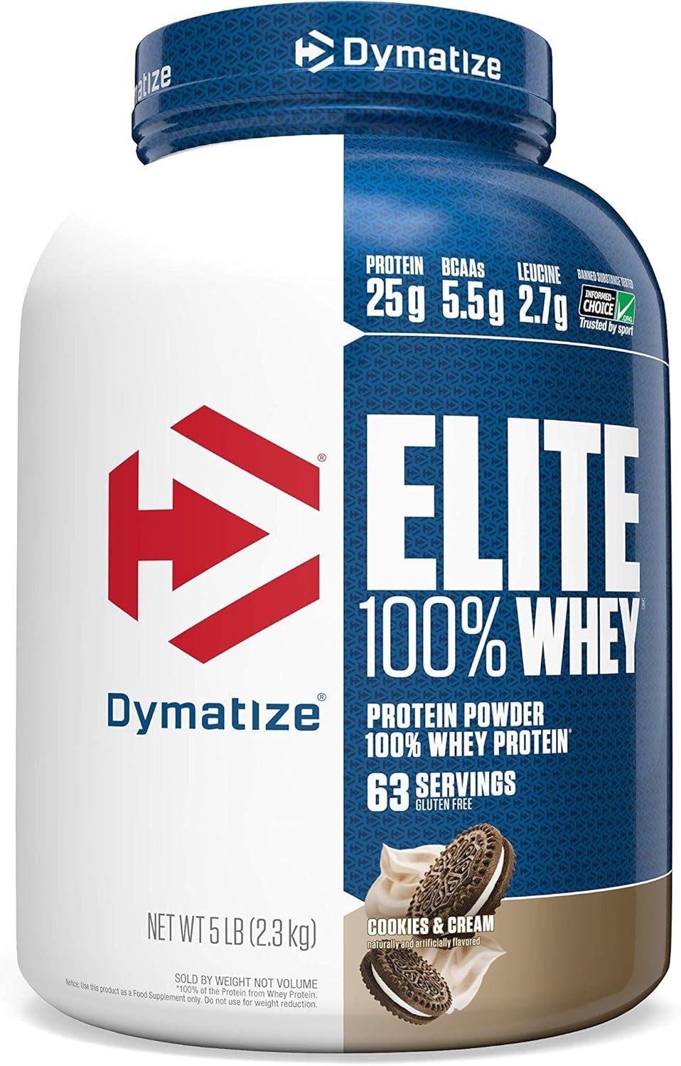 Elite 100% Whey Protein Powder, Cookies & Cream, 25G of Protein, 5.5G Bcaas, Less than 140 Cal., Gluten Free, 2G Carb, 2G Sugar, 3G Fat (63 Servings)