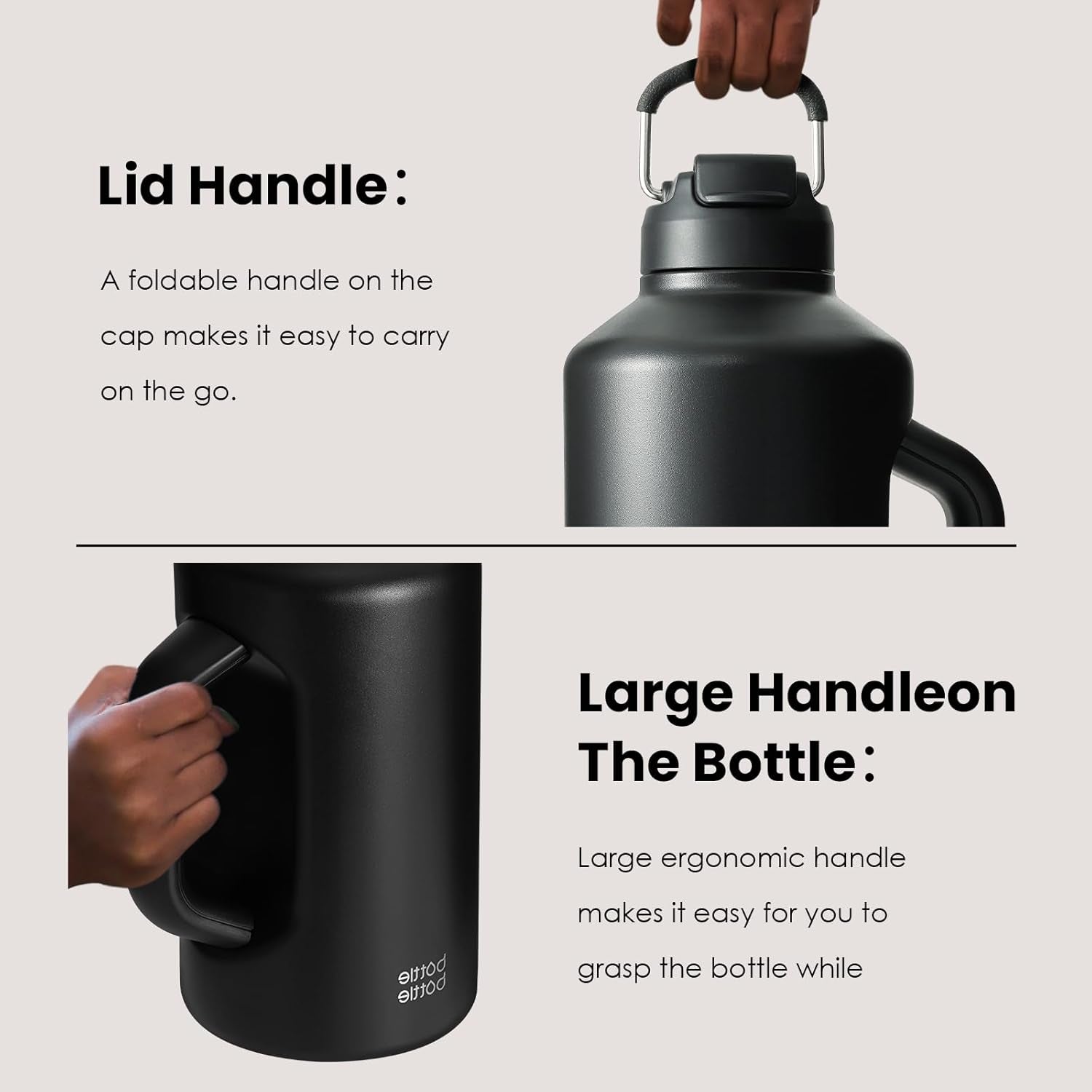 Insulated Water Bottle 64 Oz with Straw and Dual-Use Lid Half Gallon Jug for Men with Handle Vacuum Stainless Steel Water Bottle for Workout and Sports Black