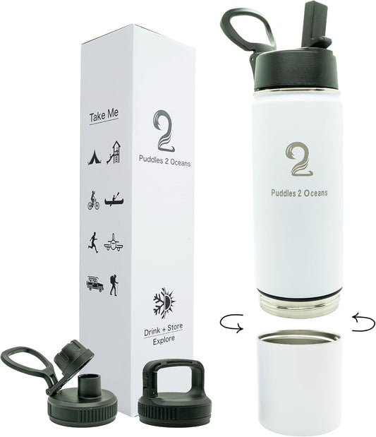 Insulated Water Bottle with Storage - Stainless Water Bottle, 3 Lid Types BPA Free, Leak & Spill Proof Travel Bottle for Kids & Adults - Double Wall Tumbler Perfect for Gym, Hiking & School