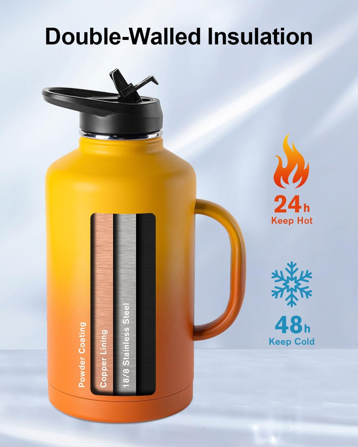 Half Gallon Water Bottle Insulated with Handle, 64 Oz Double Wall Stainless Steel Metal Large Jug, Travel Flask with Straw Spout Lid, Mug Tumbler Cup with Carry Pouch, Keep Cold Hot, Orange