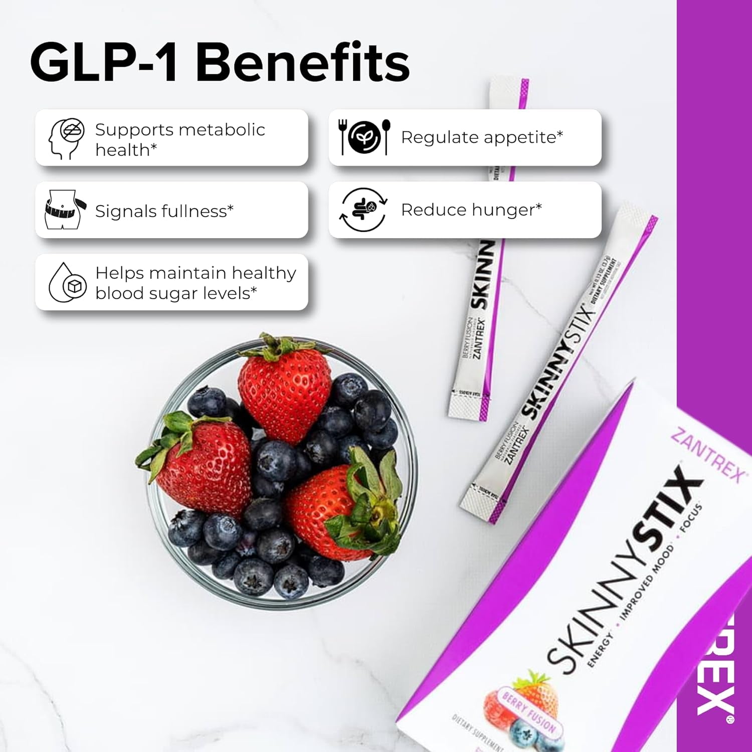 Skinnystix Berry Fusion GLP-1 Support Powder Energy Drink, Metabolic Support, Appetite Control, Natural Energy Boost | 15 Single-Serving Packets