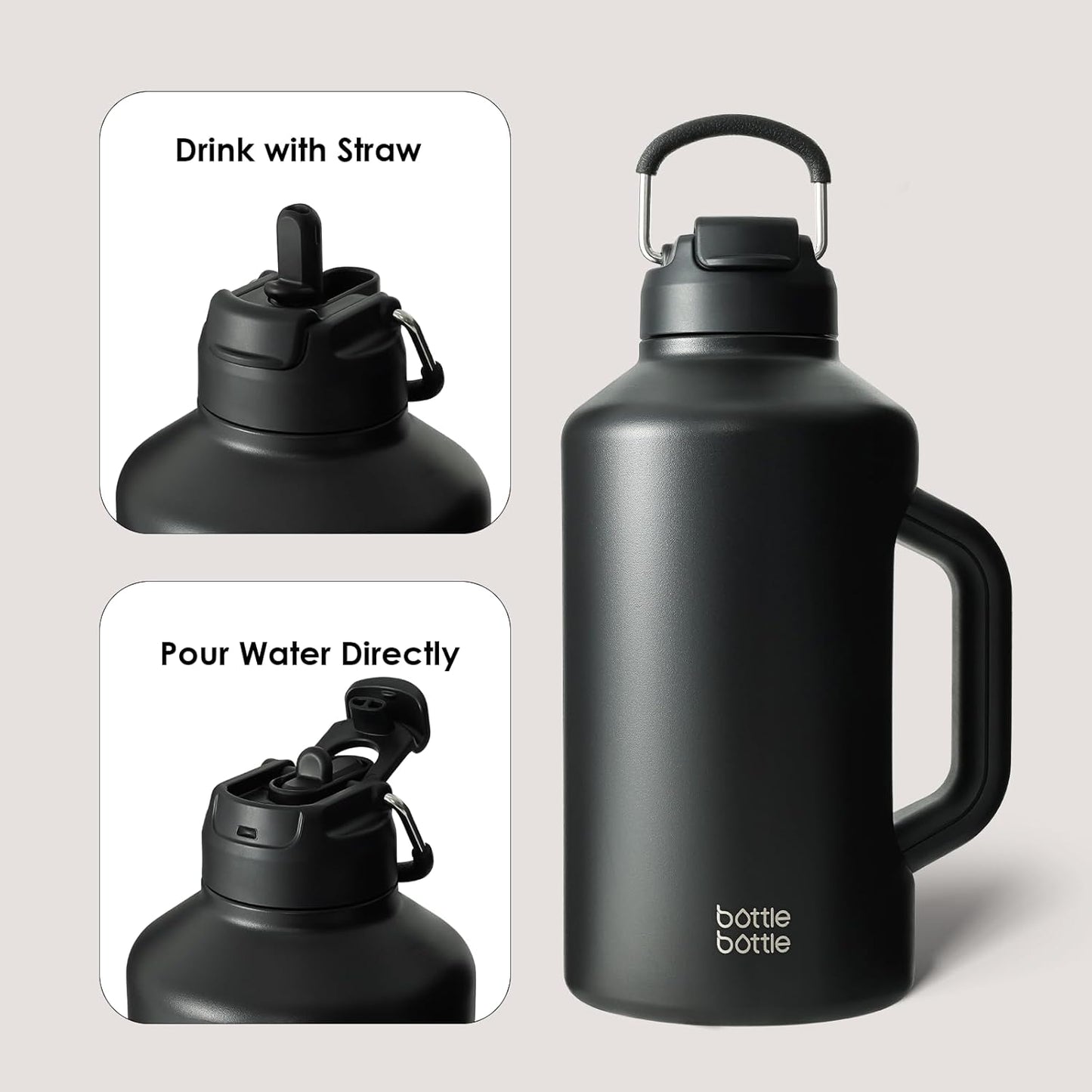 Insulated Water Bottle 64 Oz with Straw and Dual-Use Lid Half Gallon Jug for Men with Handle Vacuum Stainless Steel Water Bottle for Workout and Sports Black