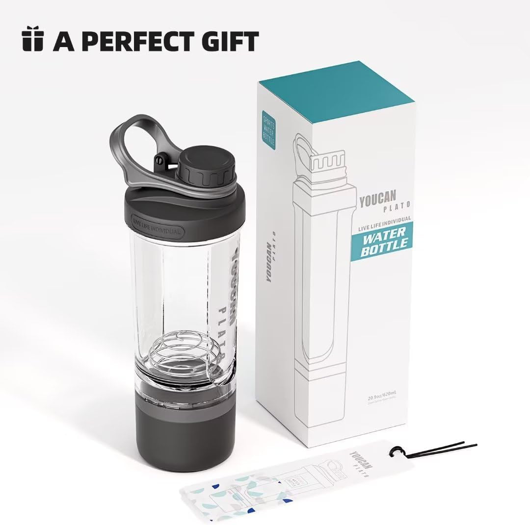 21Oz Protein Shaker Bottle with Powder Storage Container-Shaker Cups for Protein Shakes-Pre Workout Bottle-Mixer Cup-Gym Sport Water Bottle -Made with Tritan BPA Free,With Wire Whisk Balls (Black)
