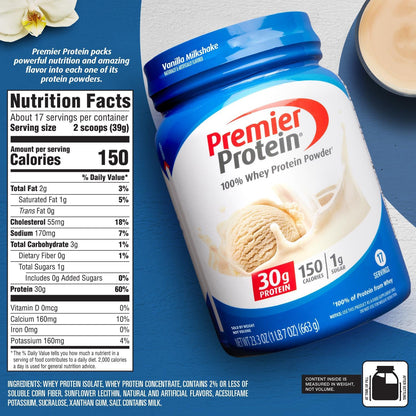 Powder, Vanilla Milkshake, 30G Protein, 1G Sugar, 100% Whey Protein, Keto Friendly, No Soy Ingredients, Gluten Free, 17 Servings, 23.3 Ounces