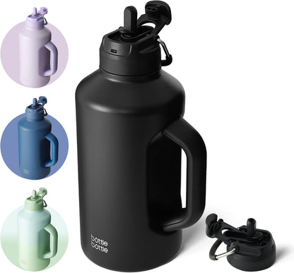 Insulated Water Bottle 64 Oz with Straw and Dual-Use Lid Half Gallon Jug for Men with Handle Vacuum Stainless Steel Water Bottle for Workout and Sports Black