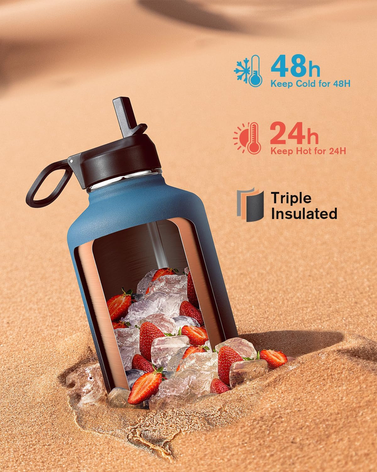 Half Gallon Water Bottle Insulated with Straw & 3 Lids,  64 Oz Water Jug Large Metal Stainless Steel Wide Mouth for Sports, Gym or Office, Non-Bpa Keep Cold 48H Hot 24H, Samurai Cyan