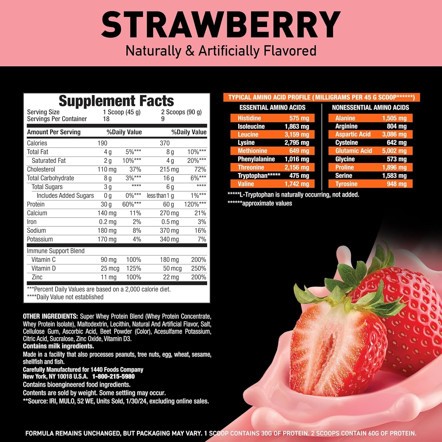 Super Advanced Whey Protein Powder, Strawberry, Immune Support (1), Vitamins C & D plus Zinc, 1.78 Lbs