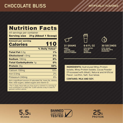 Gold Standard 100% Isolate, Protein Powder, Chocolate Bliss, 3 Pounds, 44 Servings. Whey Protein Isolate (Packaging May Vary)