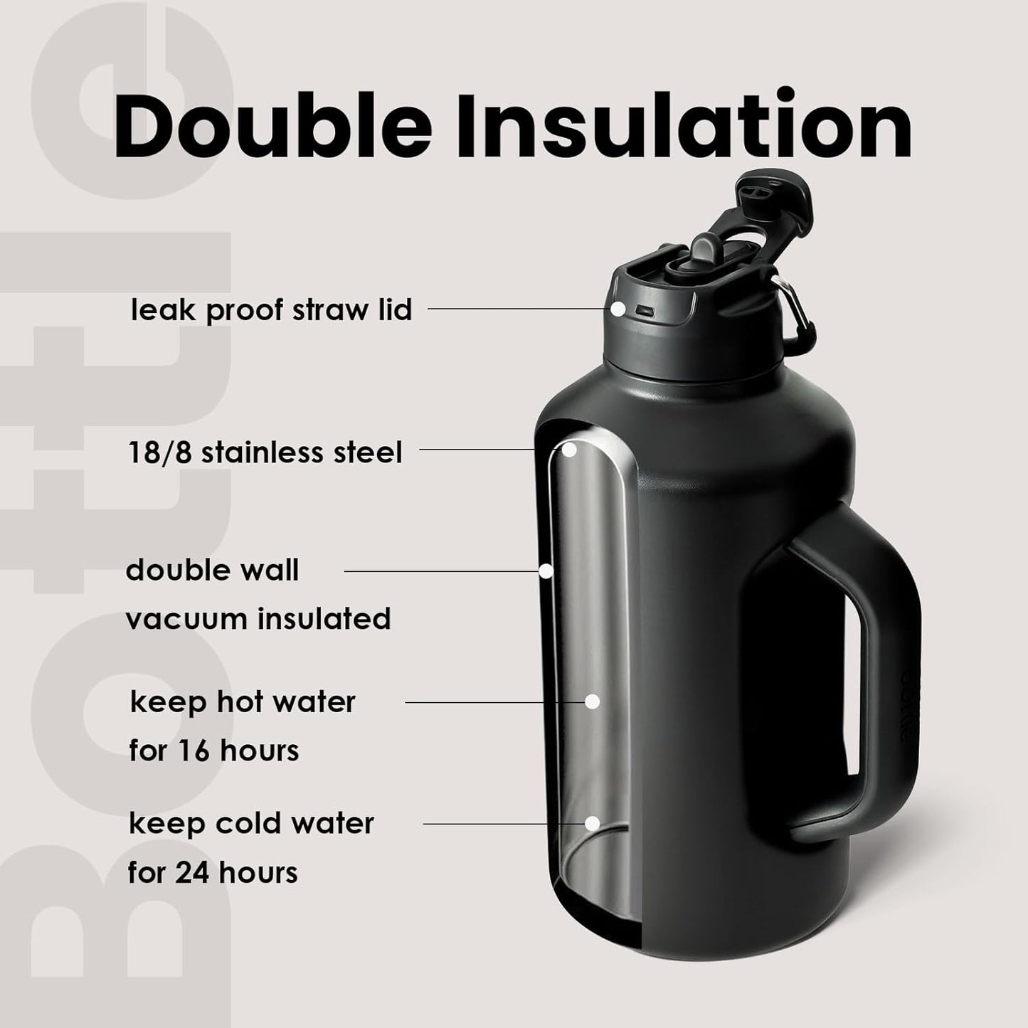 Insulated Water Bottle 64 Oz with Straw and Dual-Use Lid Half Gallon Jug for Men with Handle Vacuum Stainless Steel Water Bottle for Workout and Sports Black