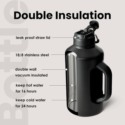 Insulated Water Bottle 64 Oz with Straw and Dual-Use Lid Half Gallon Jug for Men with Handle Vacuum Stainless Steel Water Bottle for Workout and Sports Black