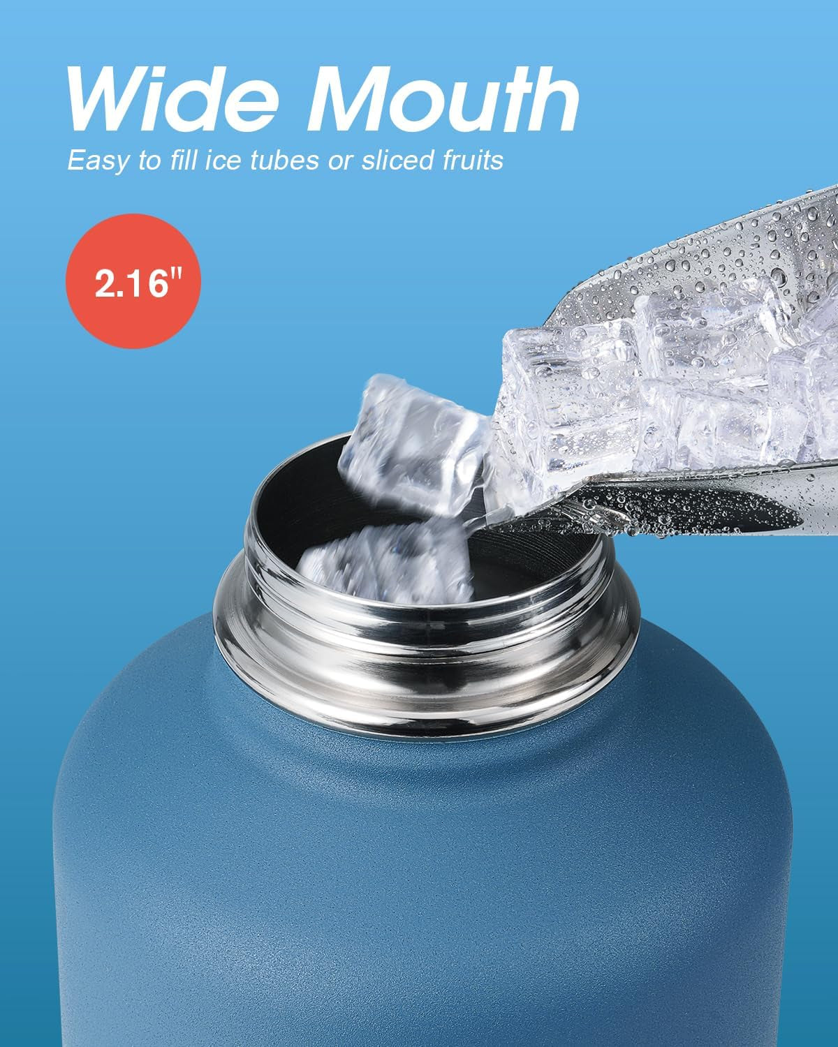 Half Gallon Water Bottle Insulated with Straw & 3 Lids,  64 Oz Water Jug Large Metal Stainless Steel Wide Mouth for Sports, Gym or Office, Non-Bpa Keep Cold 48H Hot 24H, Samurai Cyan