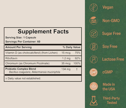 Akkermansia Probiotic for Appetite & Craving Control | Increases GLP-1 & Boosts Healthy Weight | 60 Day Supply | Made in USA | Bacillus Coagulans, B2, D3 & Chromium | SIBO Friendly, Vegan, Gluten Free