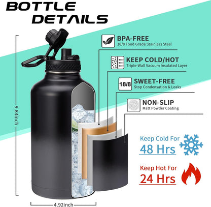 Half Gallon Insulated Water Bottle - with Straw & Spout Lid, Paracord Handle & Carrier Bag, Protective Cup Mat, 64Oz Vacuum Stainless Steel Water Bottle, Metal Vacuum Flasks Keep Cold 48H Hot 24H