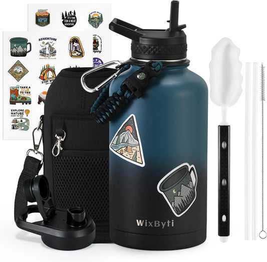 64 Oz Insulated Water Bottle with Straw (Cold for 48 Hrs), Half Gallon Stainless Steel Triple Wall Vacuum Sports Water Jug, Leakproof Hydro Cup Flask with Straw Spout Lids & DIY Stickers