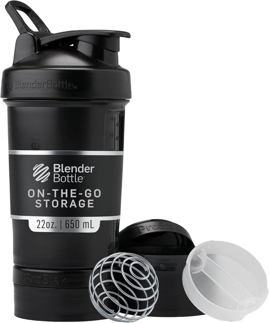 Shaker Bottle with Pill Organizer and Storage for Protein Powder, Classic V2 Prostak System, 22-Ounce, Midnight Black