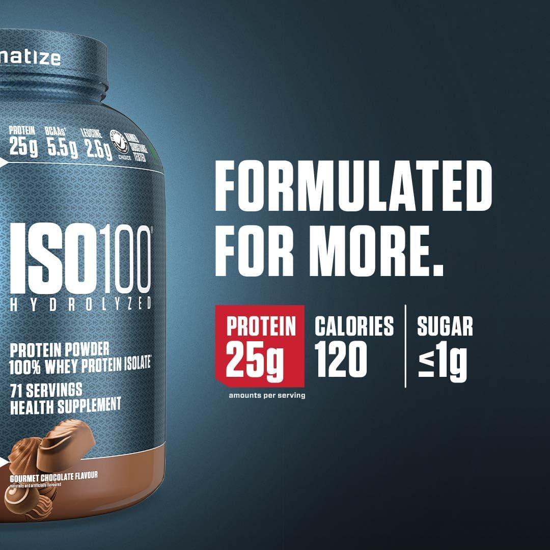ISO100 Whey Protein Powder Isolate, Gourmet Chocolate, 25G of Protein, 5 Pound, 5.5G Bcaas, Less than 120 Cal., Gluten Free, 1G Fat, 1G Sugar, 2G Carb (71 Servings)