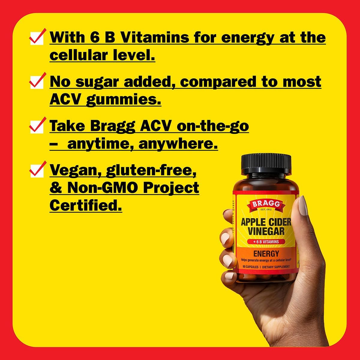 Energy Apple Cider Vinegar Capsules with B-12 Vitamins - 90 Capsules - Weight Management - Non-Gmo, Vegan, Gluten Free, No Sugar - Helps Generate Energy at Cellular Level for Men and Women