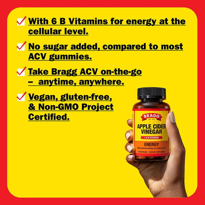 Energy Apple Cider Vinegar Capsules with B-12 Vitamins - 90 Capsules - Weight Management - Non-Gmo, Vegan, Gluten Free, No Sugar - Helps Generate Energy at Cellular Level for Men and Women