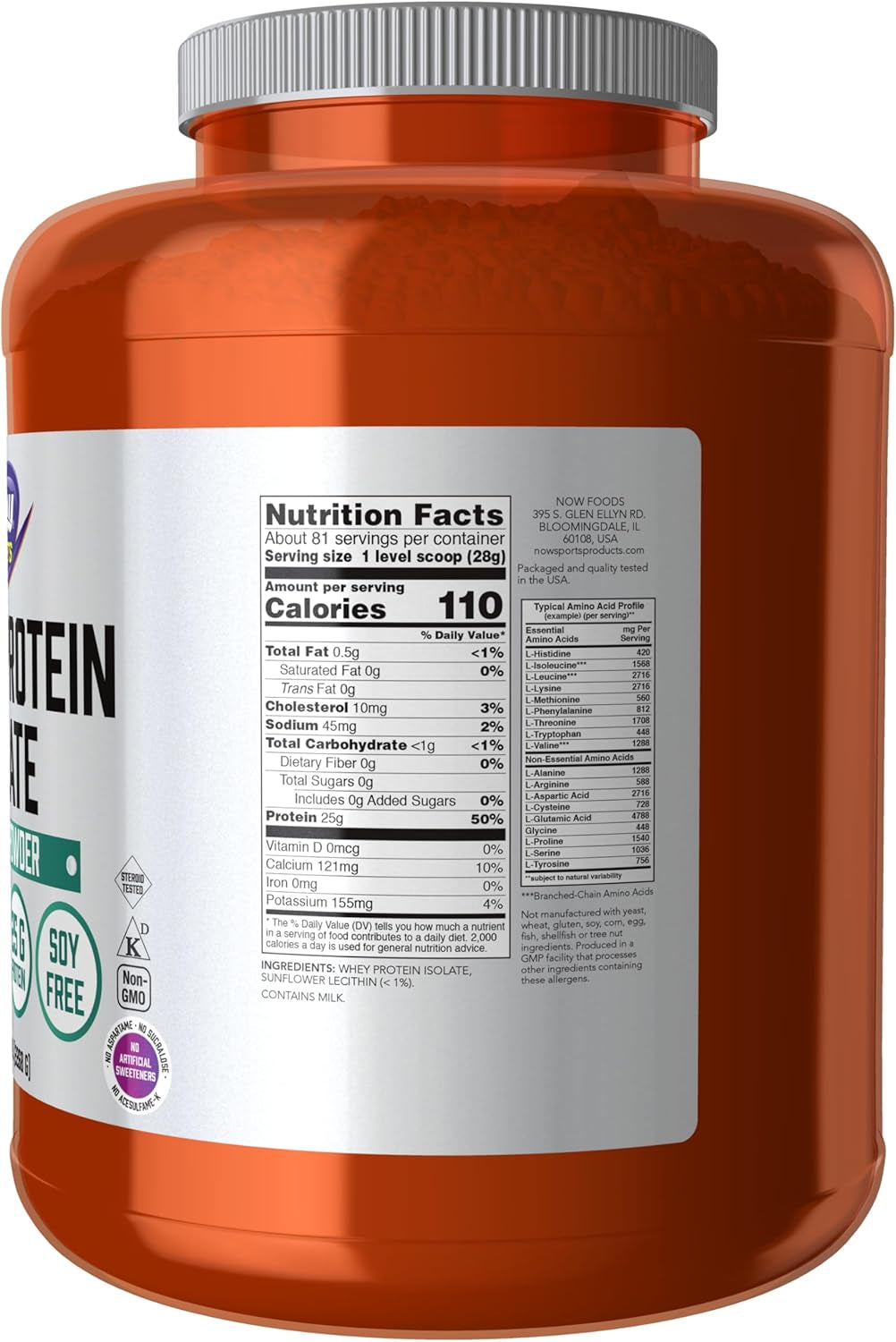 Sports Nutrition, Whey Protein Isolate, 25 G with Bcaas, Unflavored Powder, 5-Pound