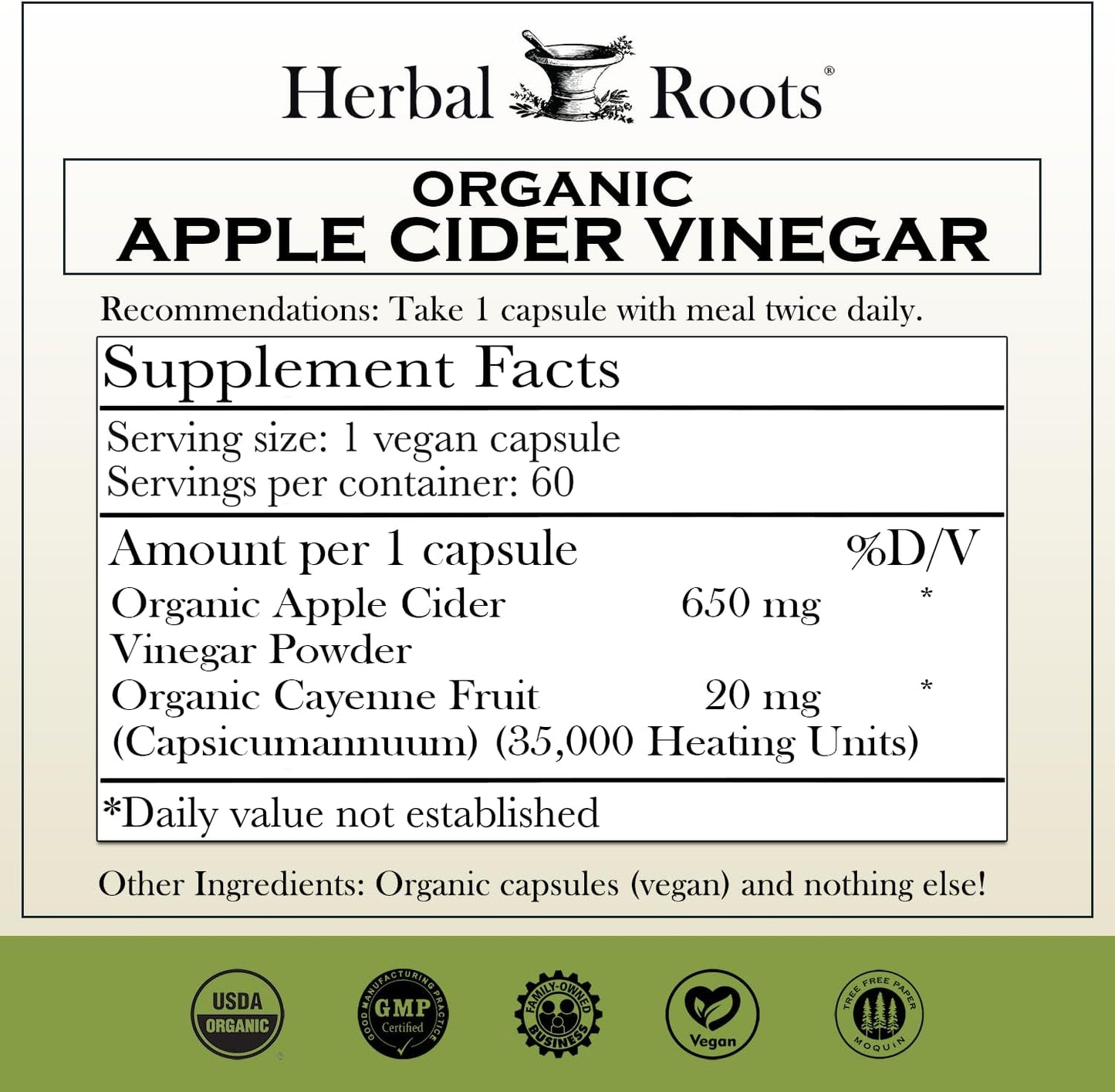 Organic Apple Cider Vinegar Capsules with Mother and Organic Cayenne | 650 Mg | 60 Vegan Capsules