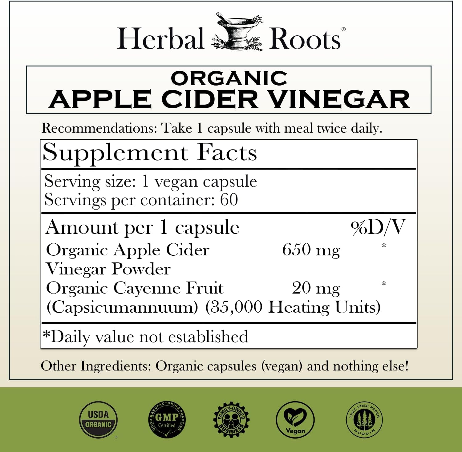 Organic Apple Cider Vinegar Capsules with Mother and Organic Cayenne | 650 Mg | 60 Vegan Capsules
