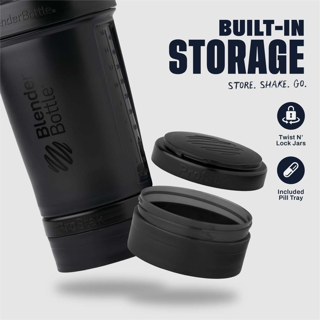 Shaker Bottle with Pill Organizer and Storage for Protein Powder, Classic V2 Prostak System, 22-Ounce, Midnight Black