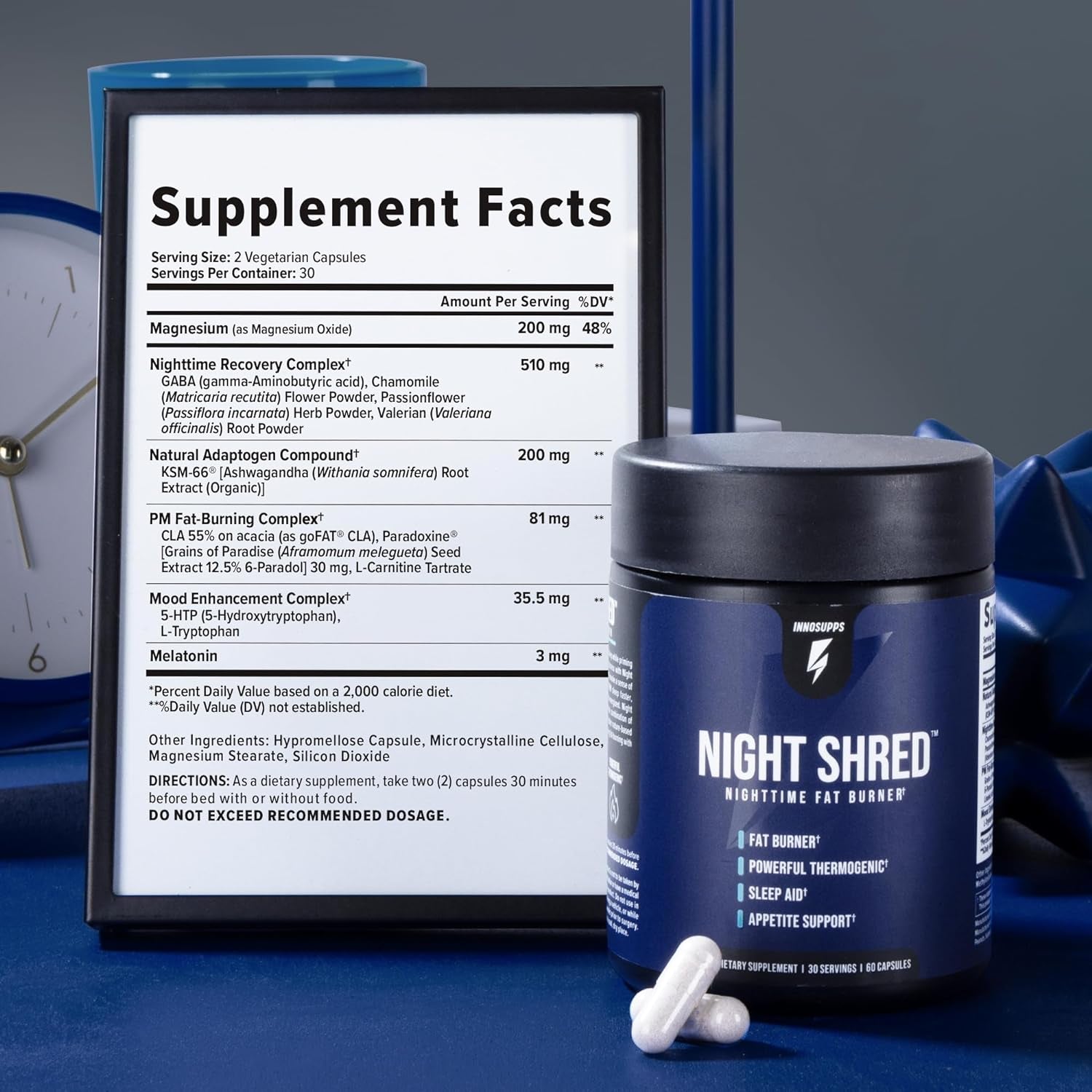 Night Shred Fat Burner and Natural Sleep Support | Ashwaganda, 5-HTP, CLA, Melatonin | Appetite Suppressant | Weight Loss Support Nighttime Fat Burning (60 Vegetarian Capsules)