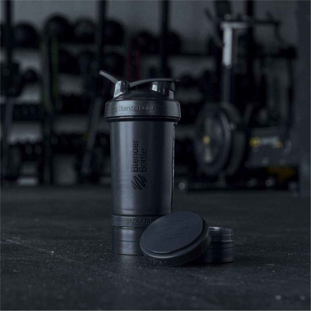 Shaker Bottle with Pill Organizer and Storage for Protein Powder, Classic V2 Prostak System, 22-Ounce, Midnight Black