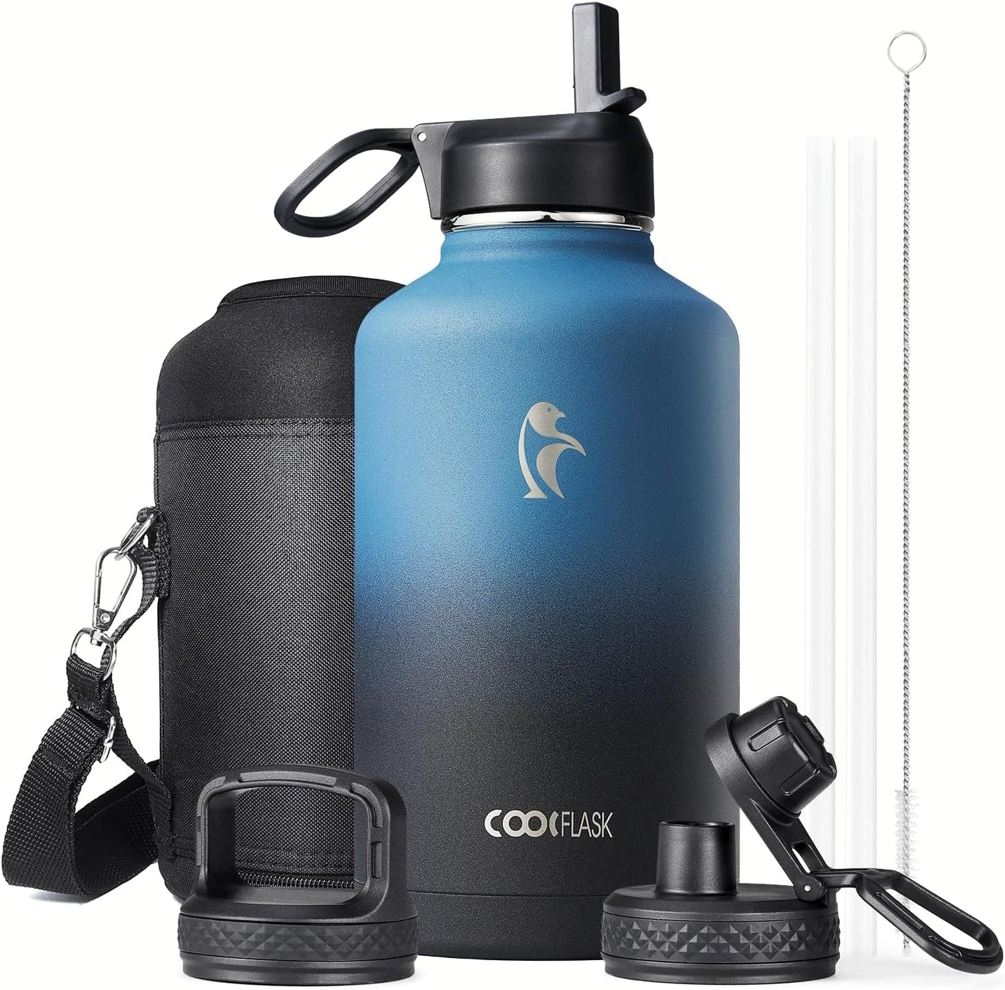 Half Gallon Water Bottle Insulated with Straw & 3 Lids,  64 Oz Water Jug Large Metal Stainless Steel Wide Mouth for Sports, Gym or Office, Non-Bpa Keep Cold 48H Hot 24H, Samurai Cyan