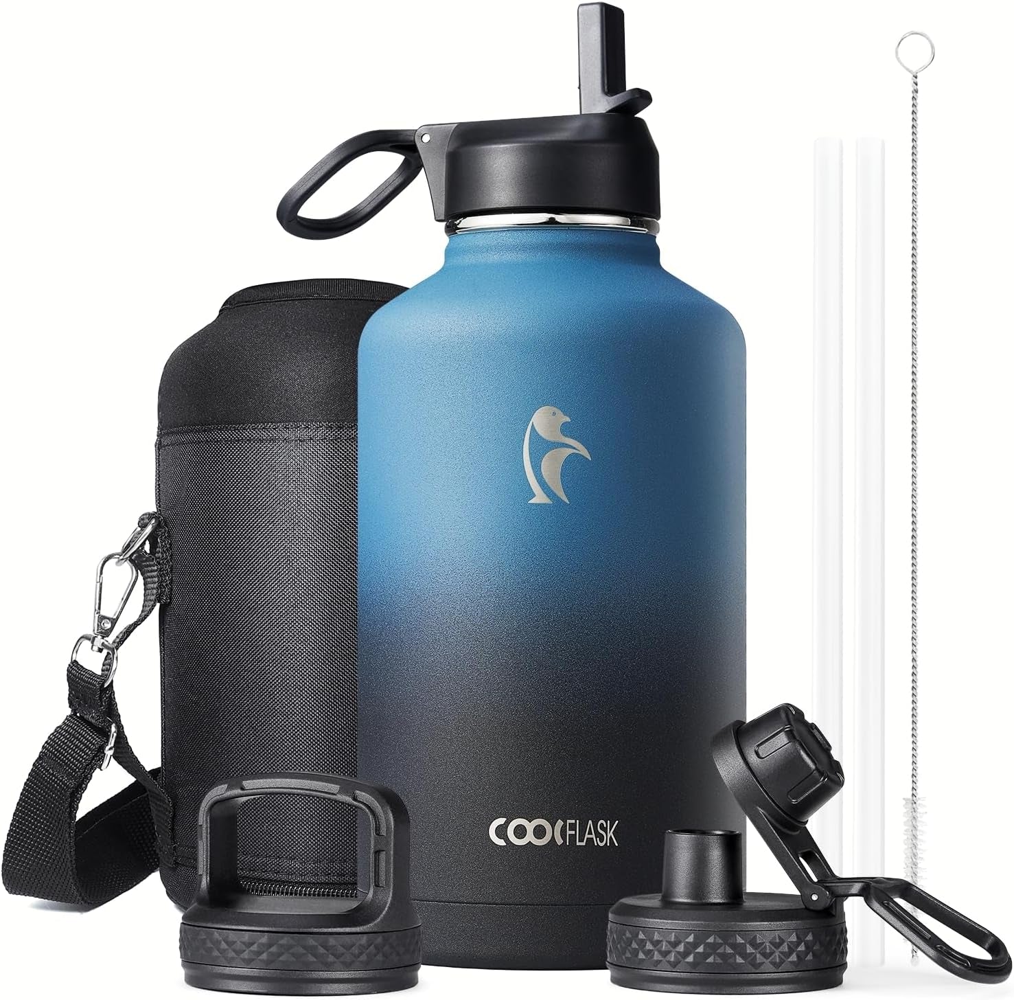Half Gallon Water Bottle Insulated with Straw & 3 Lids,  64 Oz Water Jug Large Metal Stainless Steel Wide Mouth for Sports, Gym or Office, Non-Bpa Keep Cold 48H Hot 24H, Samurai Cyan